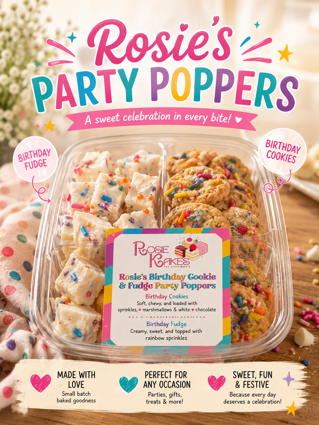 Rosie’s Party Poppers with Rosie’s Birthday Cookie and Birthday Confetti Fudge Bites 28oz